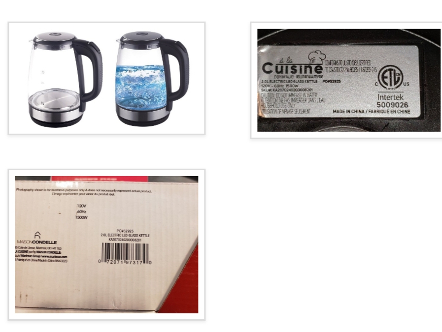 Certain À la cuisine brand electric glass kettles recalled due to burn or fire hazard