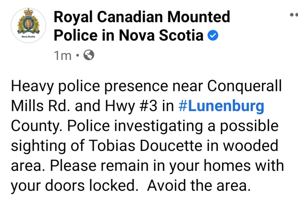 (Update) Update: RCMP have taken Doucette into custody without incident. 1:19 a.m.