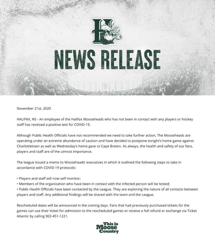 Mooseheads suspend activities following a positive Covid-19 test /  Moosehead Games Tonight and Wednesday postponed.