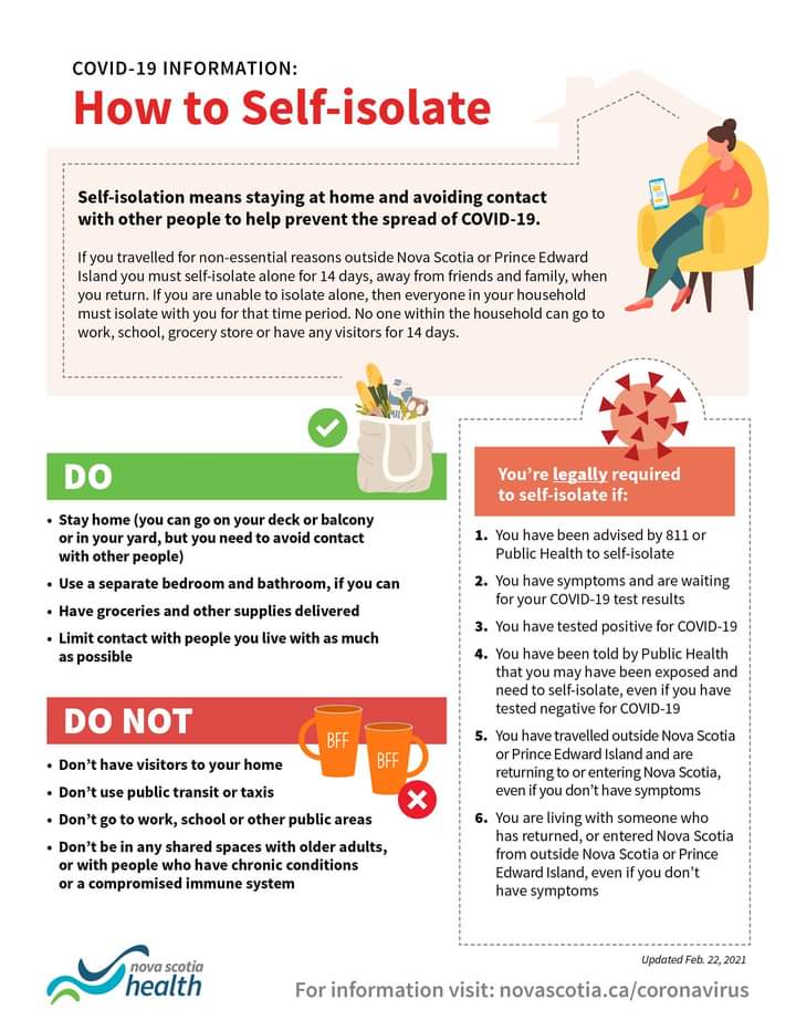 Self-isolation is required if you travelled for non-essential reasons outside Nova Scotia or Prince Edward Island
