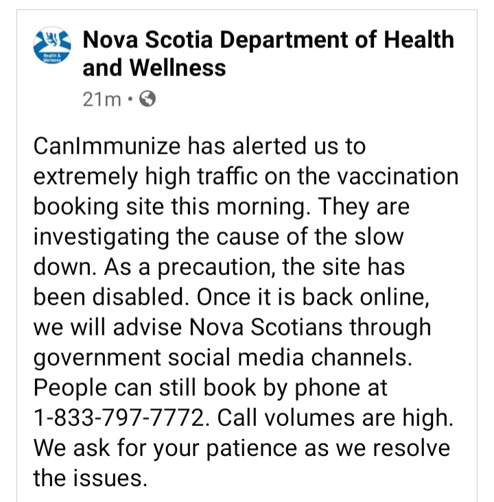 CanImmunize has alerted NSHA to extremely high traffic on the vaccination booking site this morning