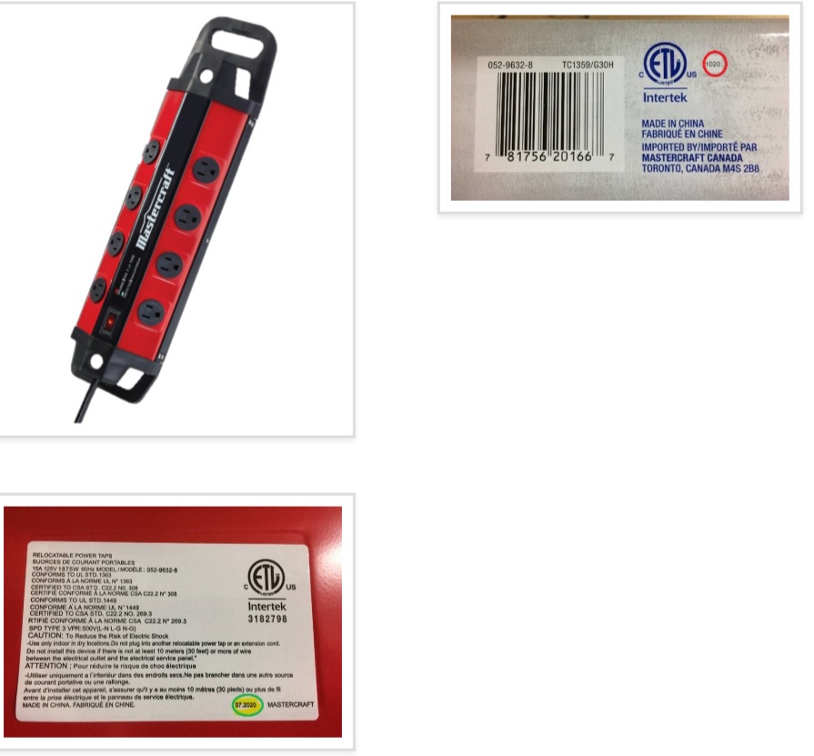 Mastercraft 8-Outlet Metal Power Bar recalled due to Electric Shock Hazard