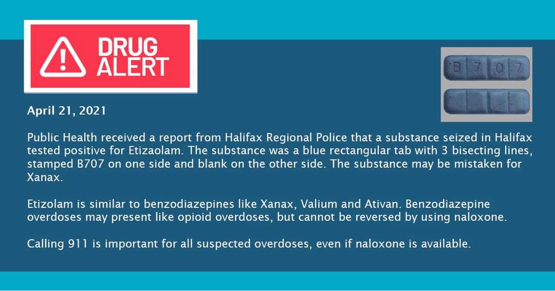 Public Health received a report from Halifax Regional Police that a substance seized in Halifax tested positive for Etizaolam