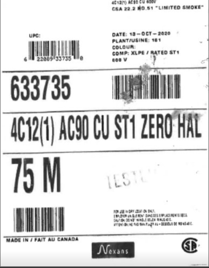 Nexans Canada Inc. 4C12(1) AC90 12-gauge electrical cable recalled due to fire hazard