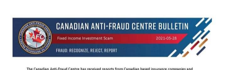 The Canadian Anti‐Fraud Centre has received reports from Canadian based insurance companies and other financial institutions about an ongoing investment scam spoofing their company names