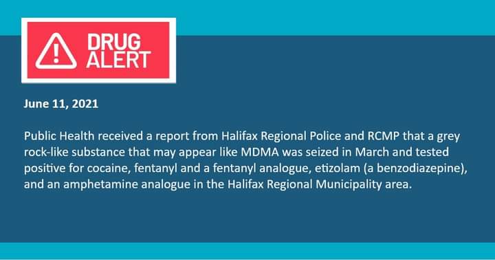 #DrugAlert Public Health received a report from Halifax Regional Police and RCMP that a grey rock-like substance that may appear like MDMA was seized in March