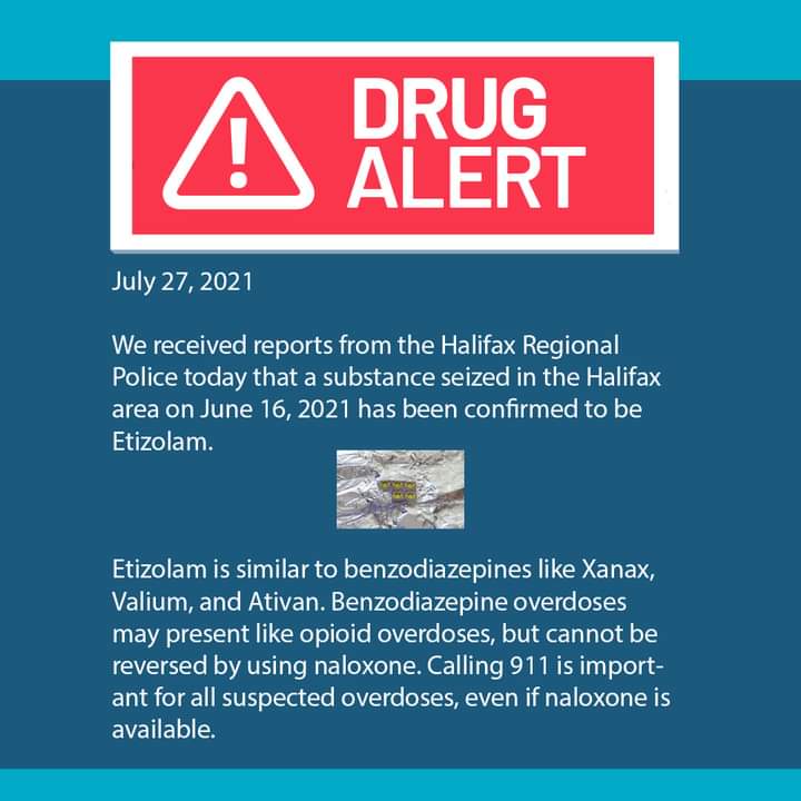 #DrugAlert NSHA have received additional information from community partners that the unknown substance from the Drug Alert issued on July 15