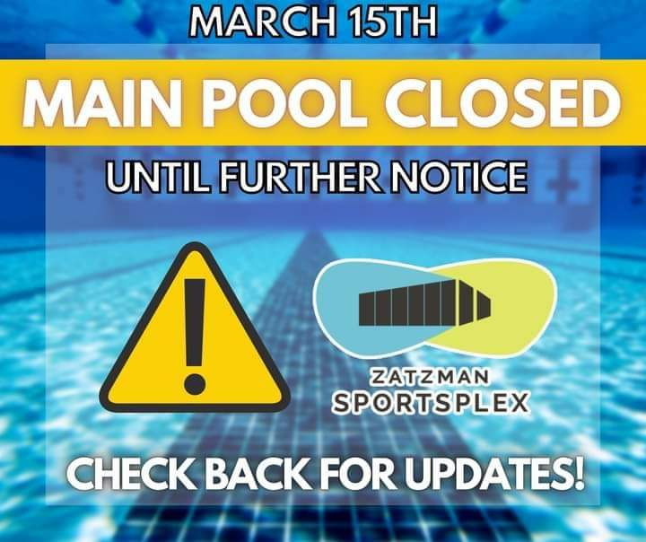 Due to an act of vandalism, our Main Pool will be closed until further notice / Due to unforeseen circumstances, our All-Ages Drop-In Basketball (3-5pm) is cancelled for the remainder of the week