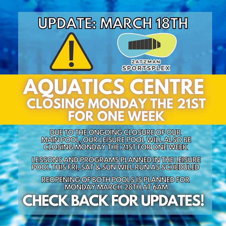 UPDATE: Due to the ongoing closure of our Main Pool, we will be closing our Leisure Pool Monday the 21st for one week while the Main Pool is restored