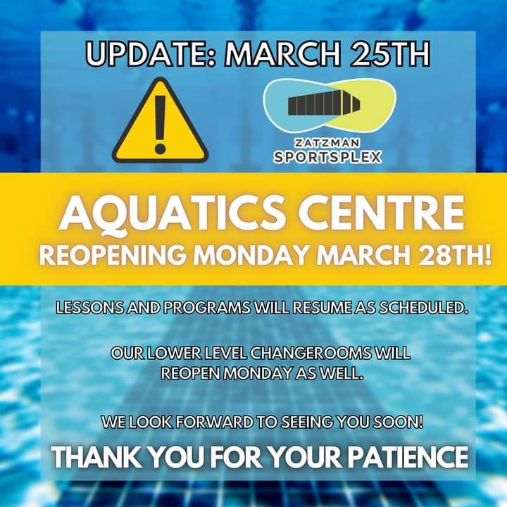 Aquatics Centre in REOPENING Monday!