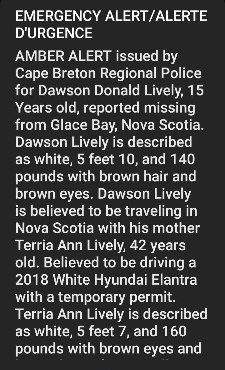 (Update) An amber alert has been issued from the Cape Breton Police. More info when available