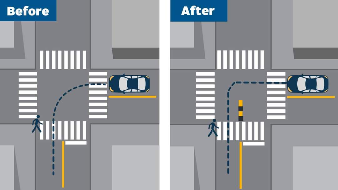 Introducing left-turn traffic calming. Intended to slow vehicle speeds and tighten the turn radius of vehicles when turning left, temporary speed bumps will be installed as an extension of the centreline.