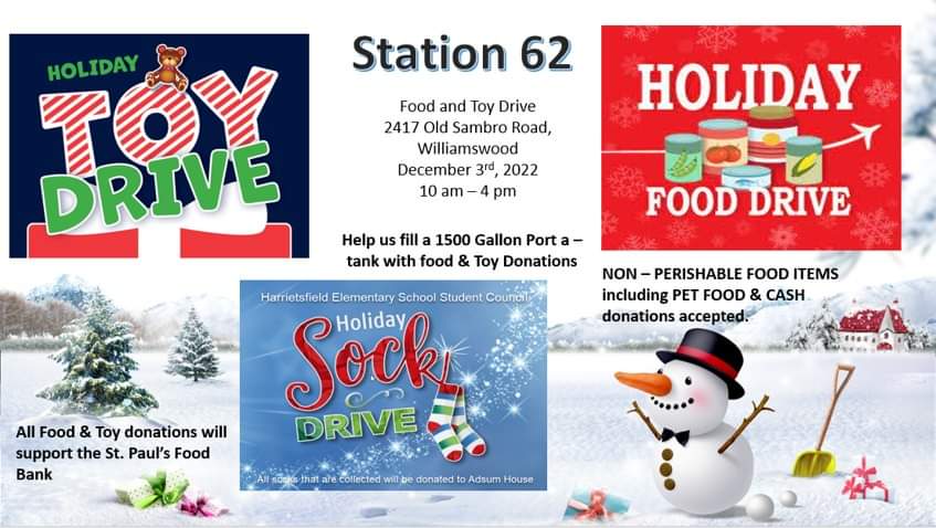 Via HRFE Station 62 - Join us December 3rd from 10 am to 4 pm at Station 62 for our 2nd Annual Holiday Toy, Food and Sock Drive