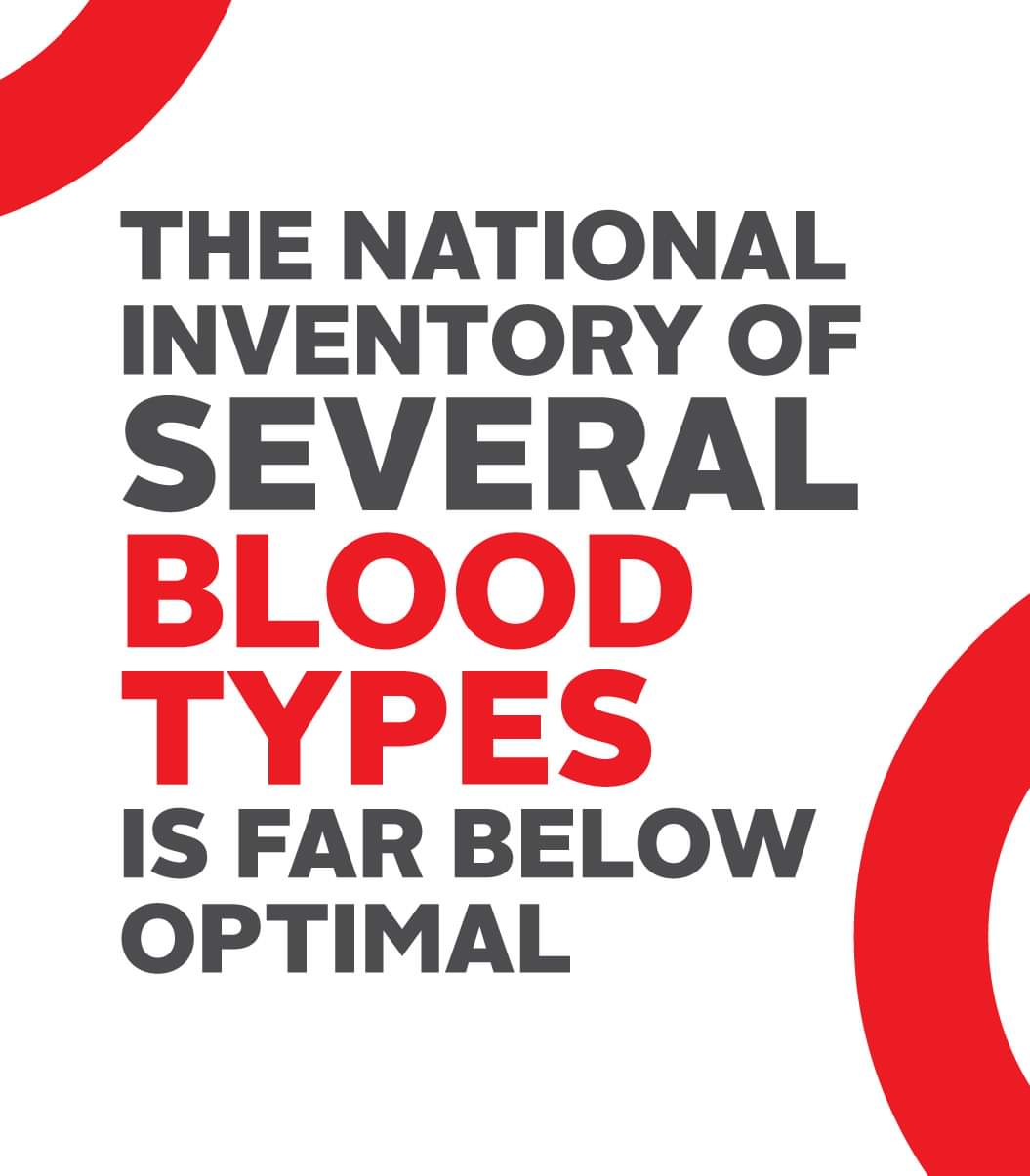 The national inventory of several blood types is far below optimal