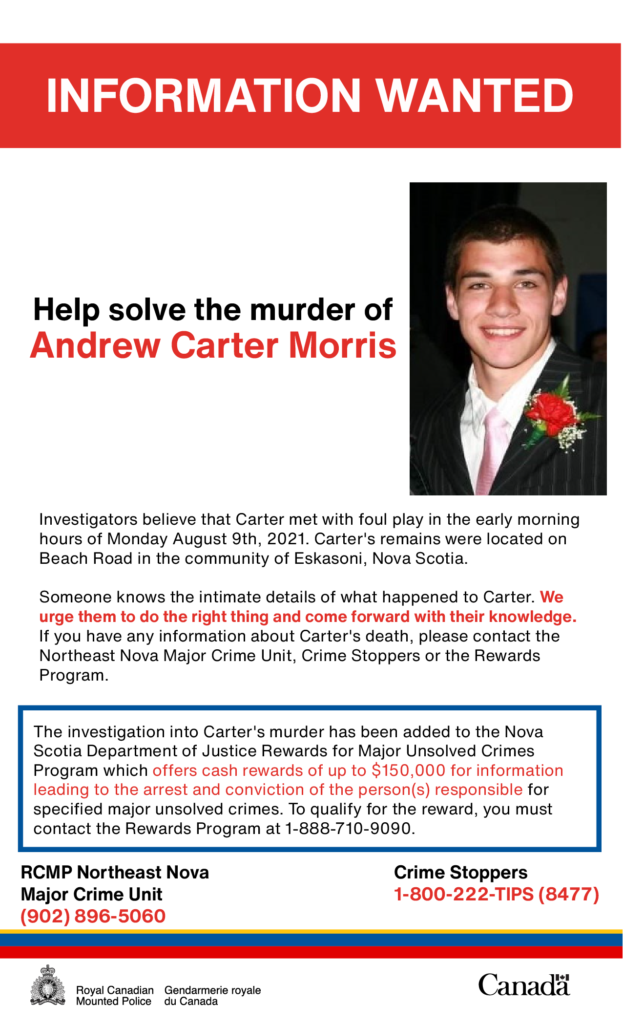 The Northeast Nova RCMP Major Crime Unit continues to investigate the murder of Andrew Carter Morris