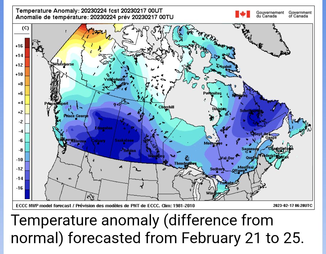 Starting on February 21 in western Canada and February 23 in eastern Canada, a cold spell is expected to sweep through the country