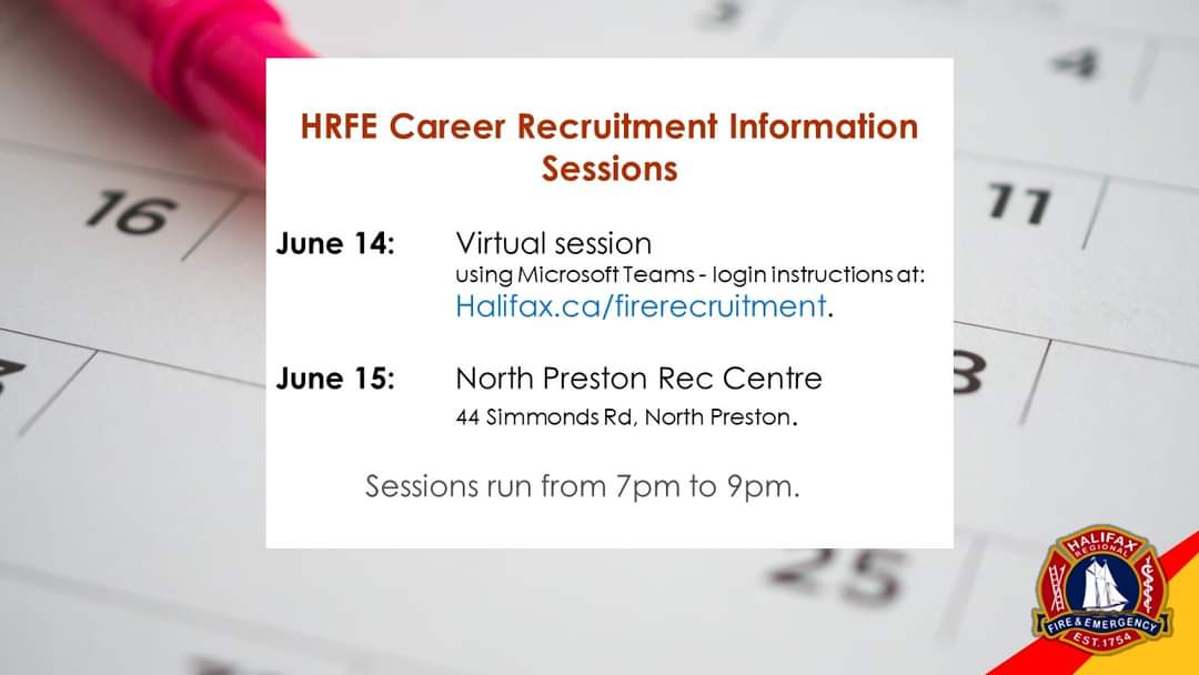 HRFE - Two career recruitment sessions - a virtual one using Microsoft Teams on June 14, and then we'll be at the North Preston Community Centre on June 15th