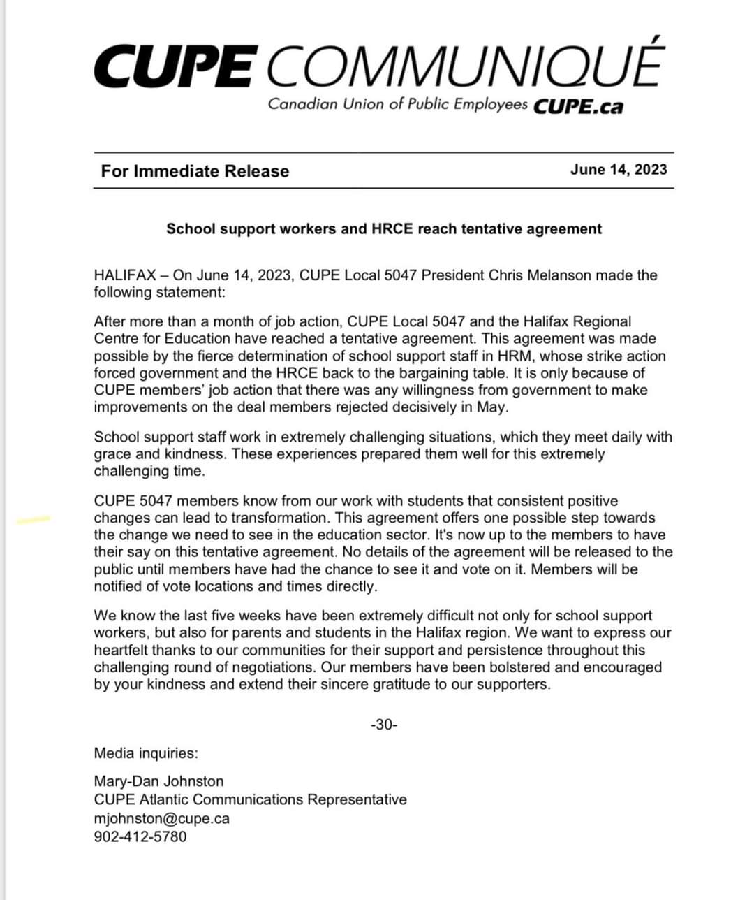 Via CUPE 5047  Tentative agreement has been reached!