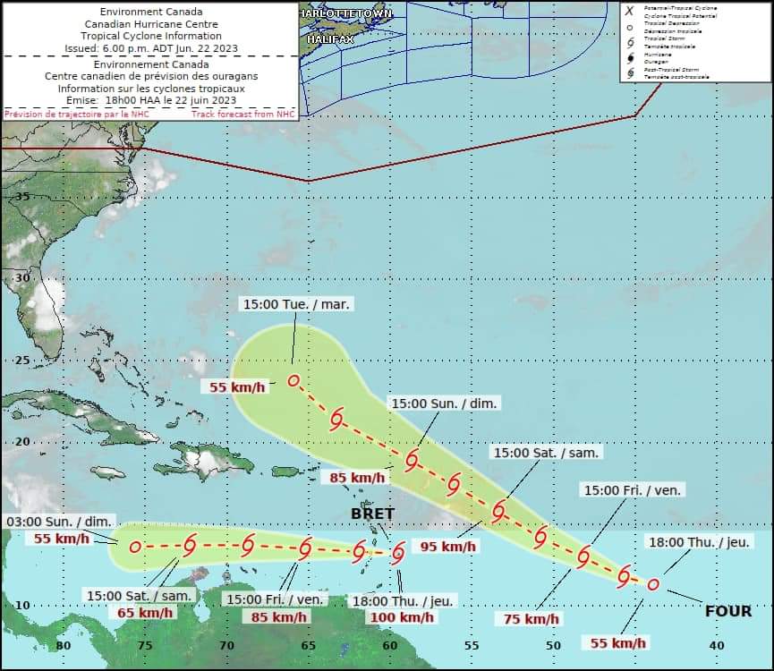 Tropical Storm Bret forecast to remain Tropical Storm strength (63-117 km/h) through into the weekend - no forecast impact to Atlantic Canada