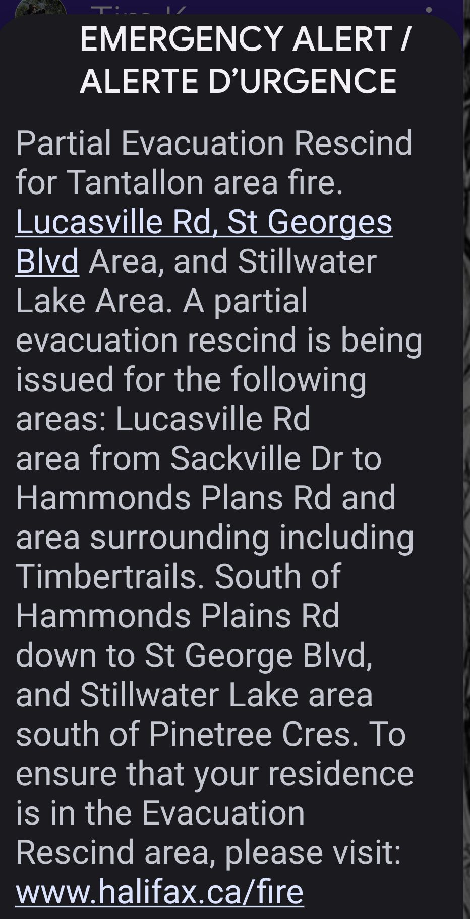 Partial Evacuation Rescind for Tantallon area fire.