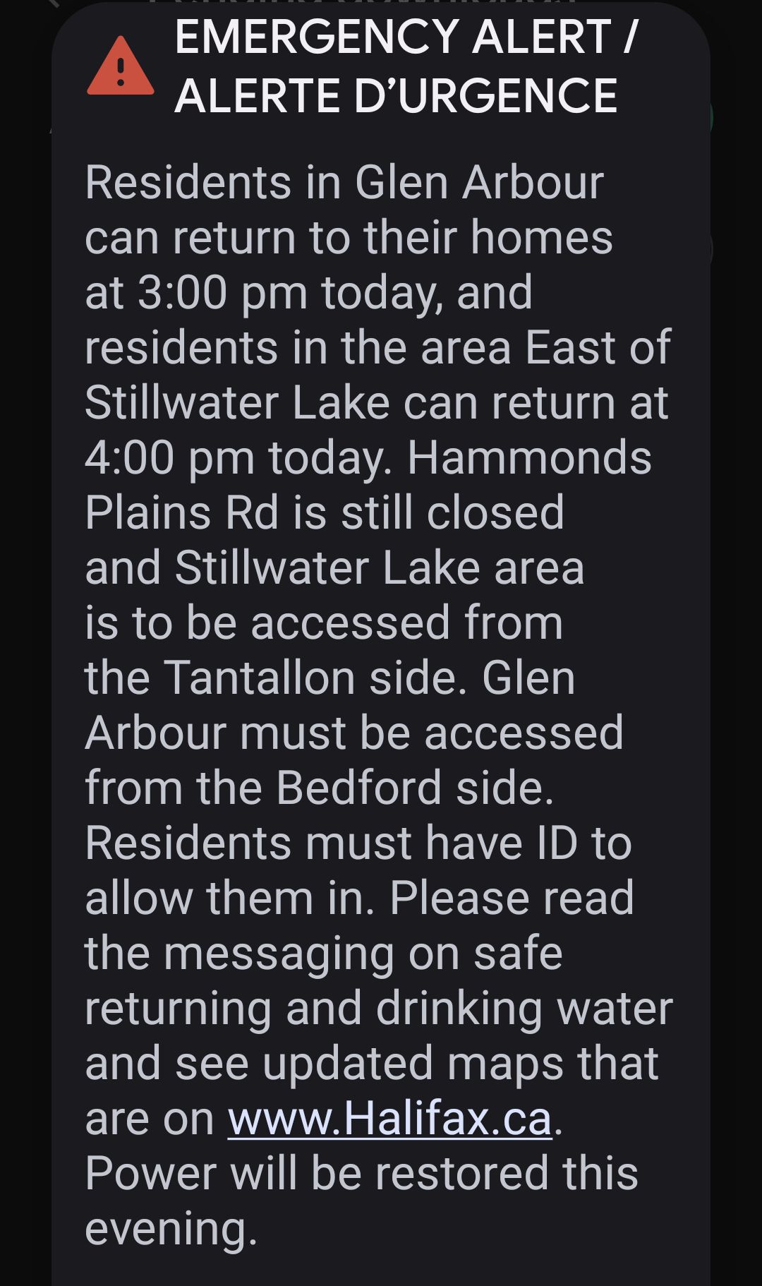 Residents in Glen Arbour can return to their homes at 3:00 pm today