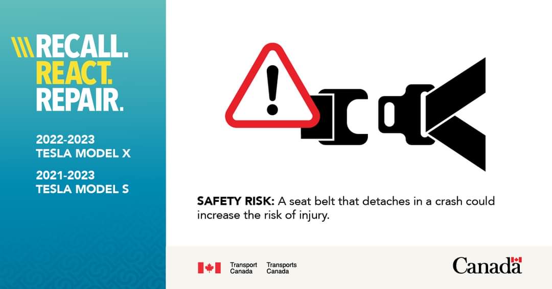 Recall: On some 2021-2023 Tesla vehicles, the front seat belts may not have been reconnected to their anchors during a repair