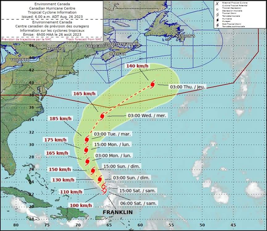 Tropical Storm Franklin forecast to enter the Canadian Hurricane Centre (CHC) response zone pm-Wednesday, Aug 30th as a Category 2 Hurricane