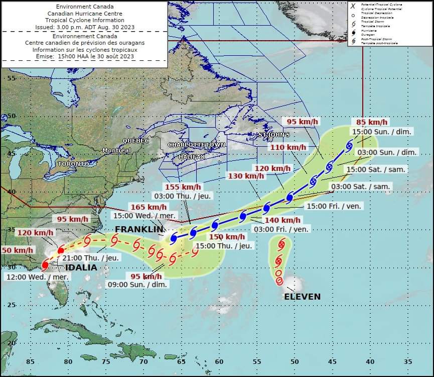 Hurricane Franklin, a category 2 hurricane, continues to track well south of Atlantic Canada