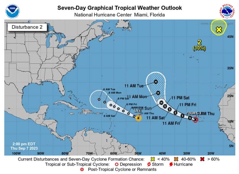 Hurricane Lee continues to track northwesterly as a Major Hurricane, forecast to reach Category 5 by Saturday, Sep 9th