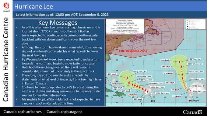 Although no major impacts from TS Margot are expected in Canada at this time, Major Hurricane Lee remains a storm that should be watched closely over the next several days