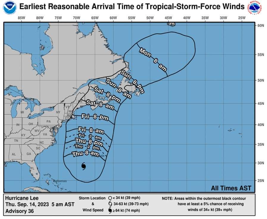 Earliest Reasonable Arrival Time of Tropical-Storm-Force Winds (63-118km/h) Southwest Nova Scotia: early am-Saturday, Sep 16