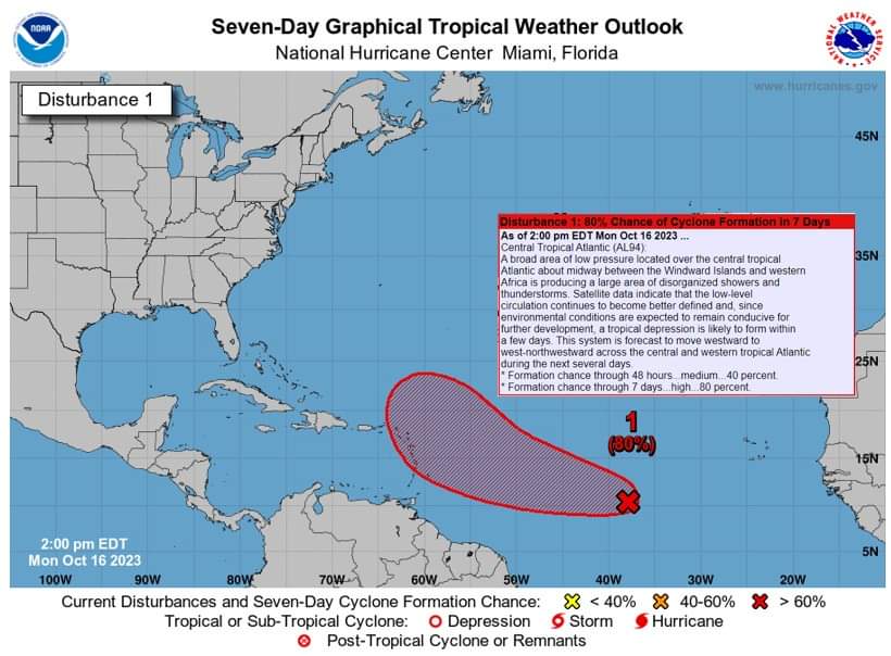 The National Hurricane Center (NHC) continues to monitor a broad area of low pressure
