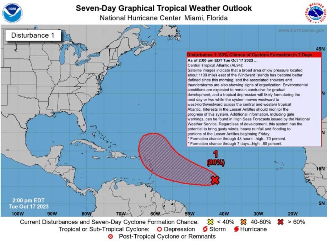 A low pressure area (#AL94) over the central tropical Atlantic has become better organized today