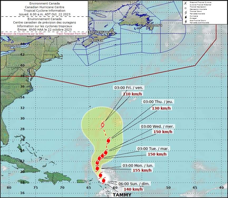 Tammy forecast to maintain Hurricane strength through to middle of next week as it tracks northerly