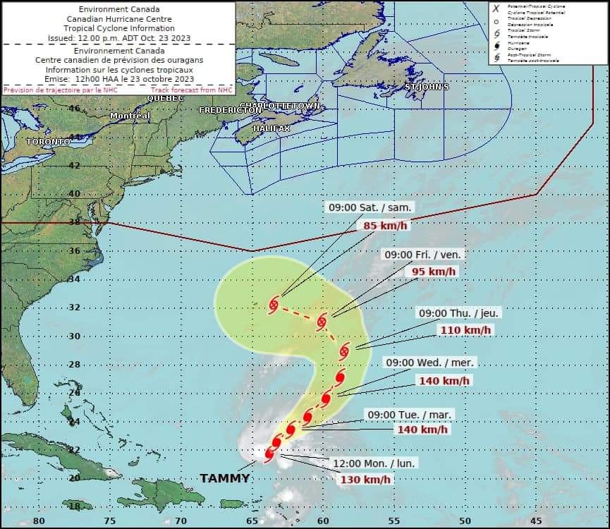 Tammy forecast to maintain Hurricane strength through to middle of week as it tracks northeasterly