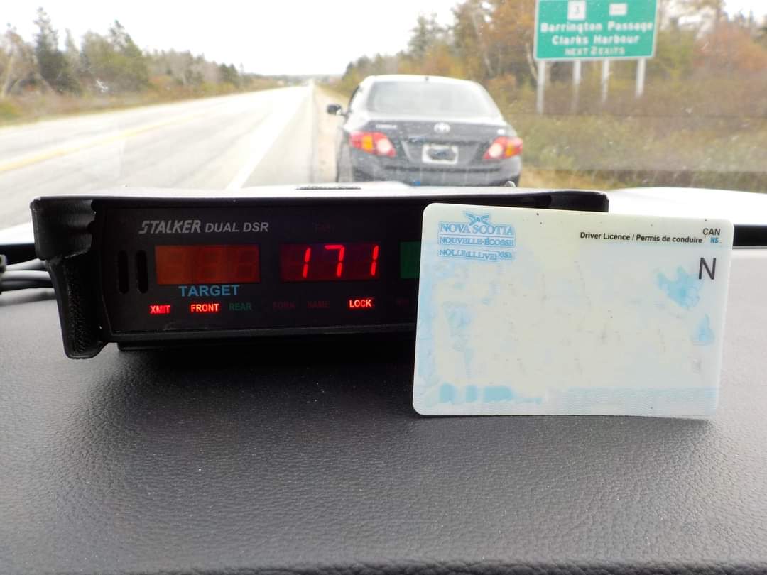 RCMP Southwest Traffic Services stopped a vehicle that was travelling 71km/hr over the speed limit on Hwy. 103 in Upper West Pubnico