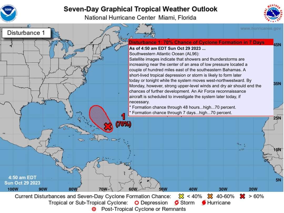 The National Hurricane Center is reporting a Low pressure located a couple of hundred miles east of the southeastern Bahamas