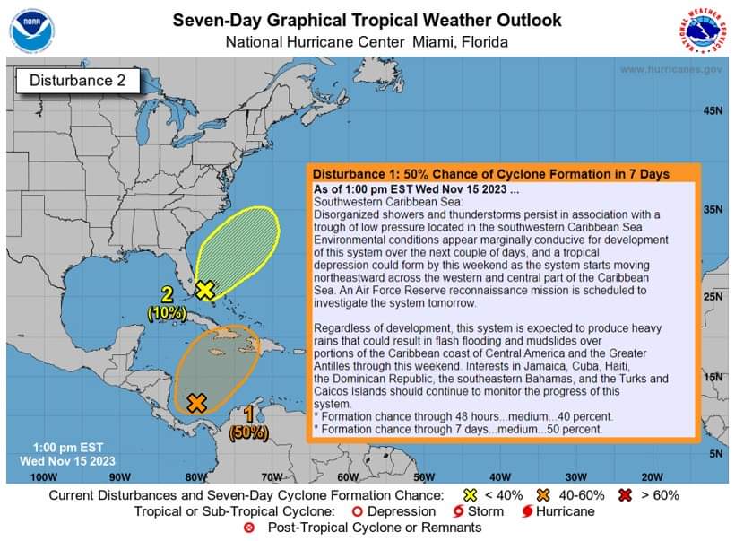 There is now a medium chance (????40% 2-day / 50% 7-day) of TC formation with the system currently in the SW Caribbean Sea