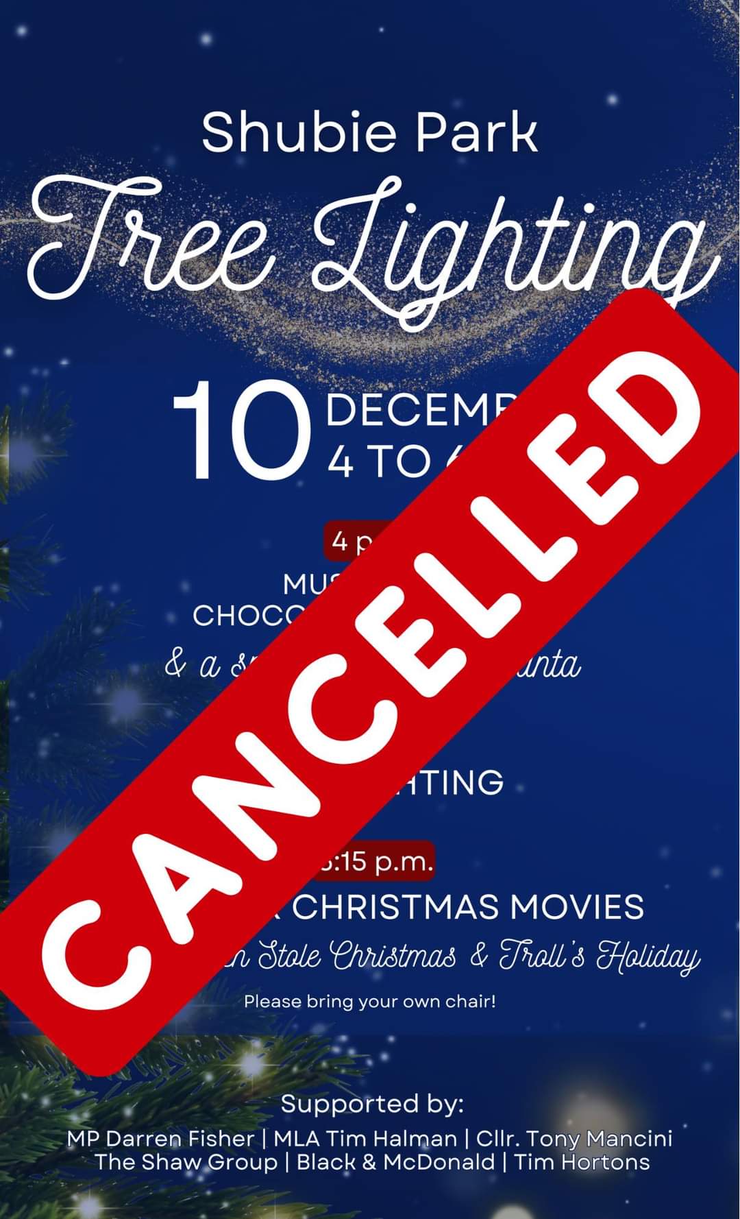 Shubie tree lighting cancelled