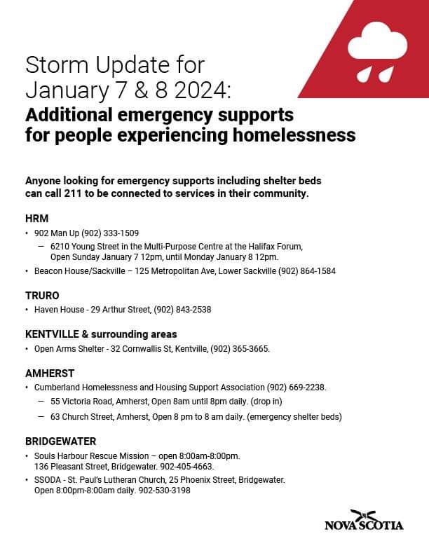 With the snow forecasted for Sunday and Monday, the Department of Community Services has been working with service providers across the province to increase capacity for people experiencing homelessness