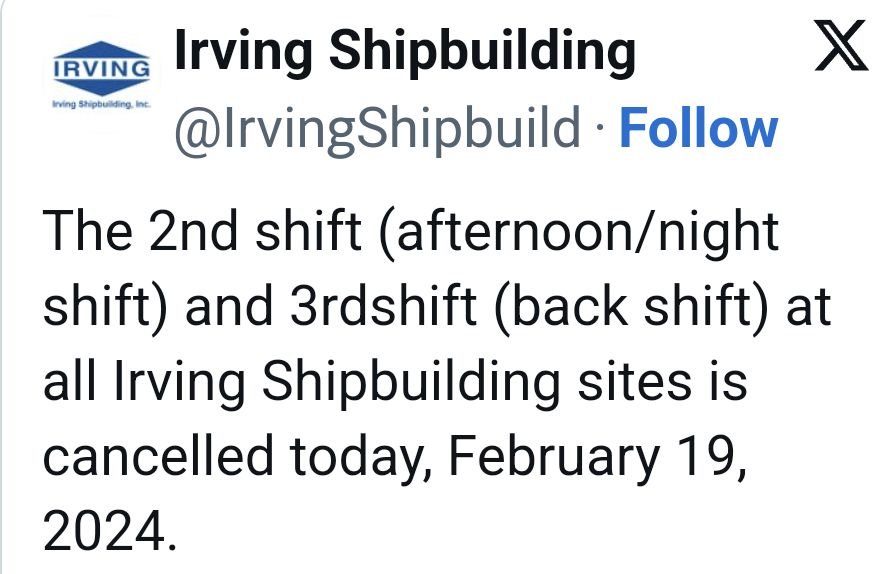 Irving Shipyards suspends work