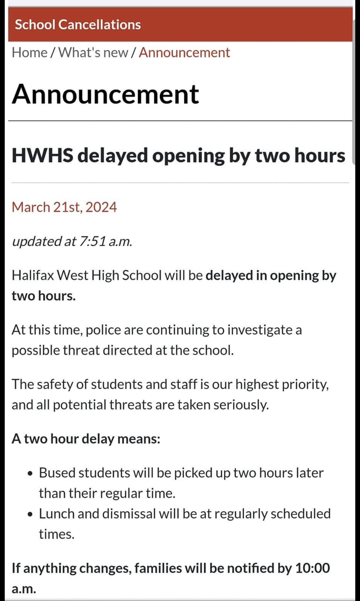 (Update) Halifax West have a delayed opening this morning