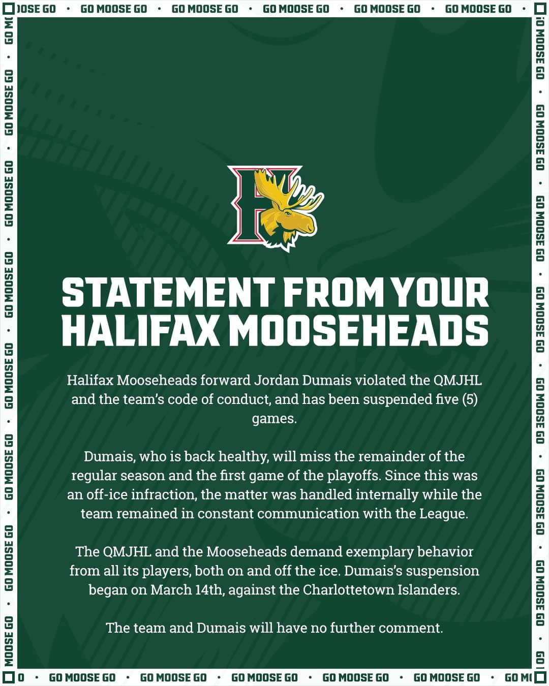 Statement issued via Halifax Mooseheads