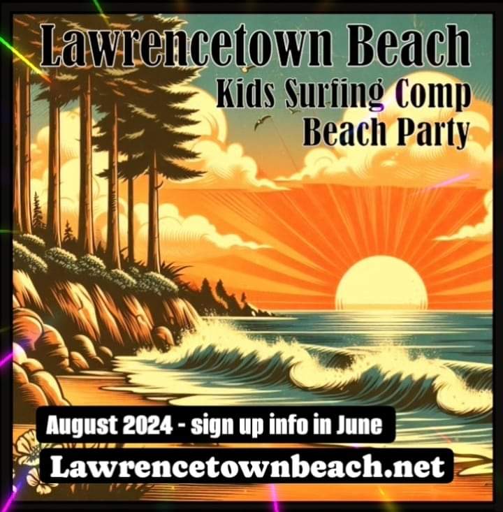 New poster sneak peek for the 2024 Lawrencetown Surfing Association's annual Kids Surfing comp and fun day