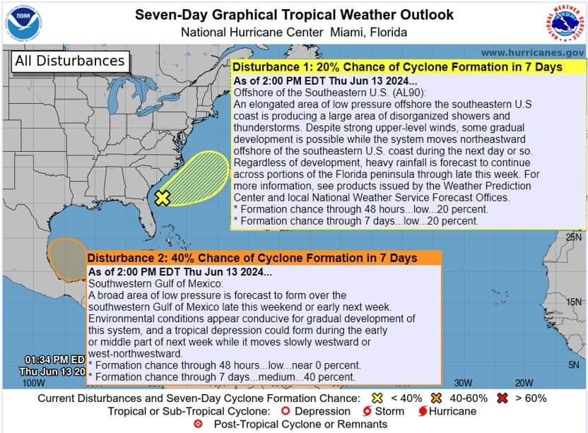 Two weather systems being monitored in the Atlantic. Potential for Tropical Cyclone formation in the next 7-days