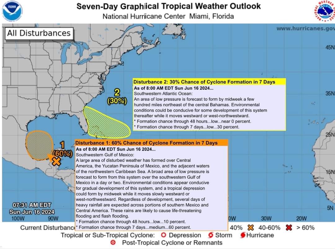 Two weather systems being monitored in the Atlantic. Potential for Tropical Cyclone formation in the next 7-days
