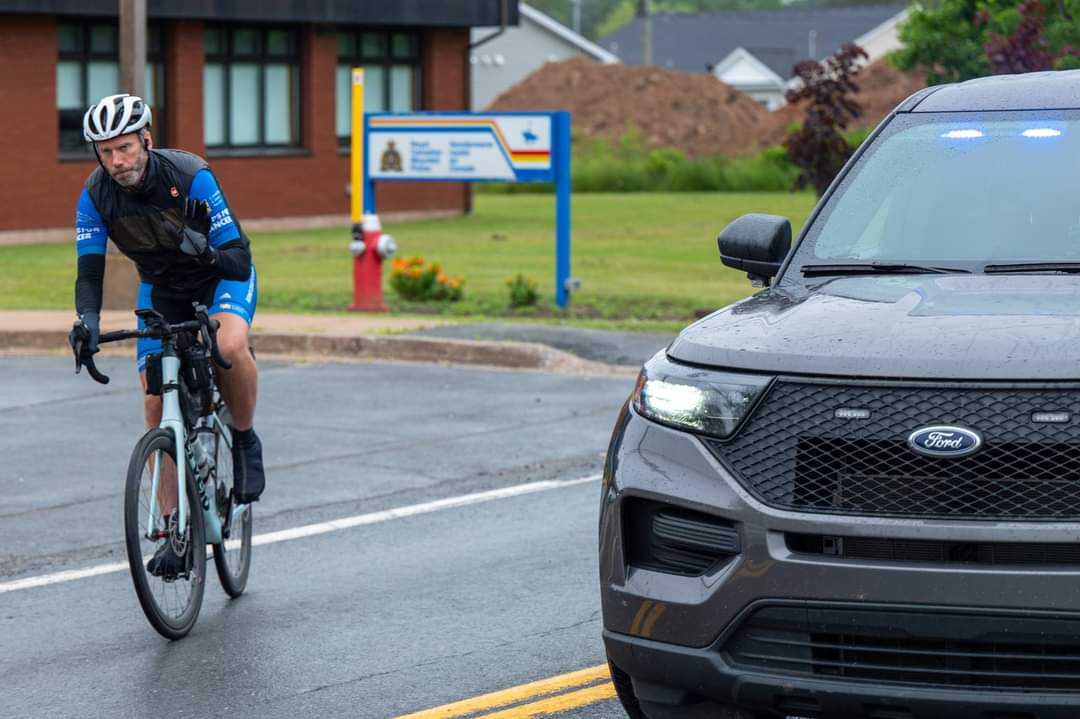 Sgt. Dayne Campbell with Vancouver Police Department rolled into Nova Scotia yesterday as part of his solo ride across Canada in support of Cops for Cancer