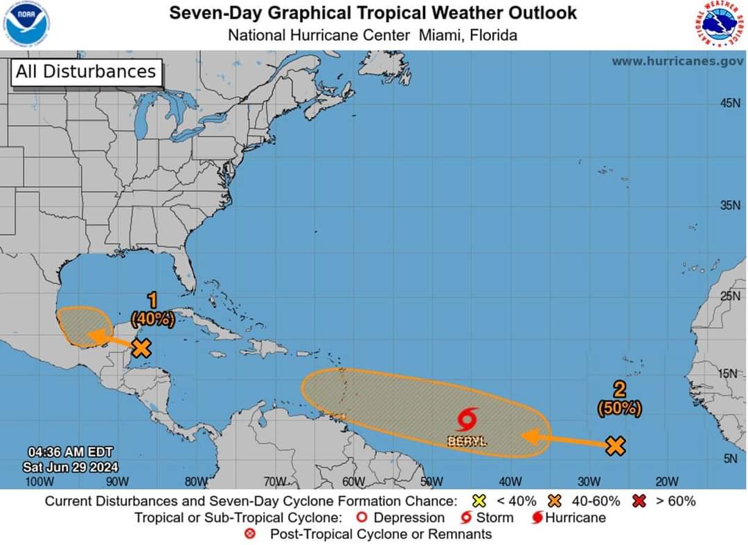 Tropical Storm, ‘Beryl’, is the 2nd named Storm of the 2024 Atlantic Hurricane Season and forecast to become the 1st Hurricane by early-am Sunday, June 30th