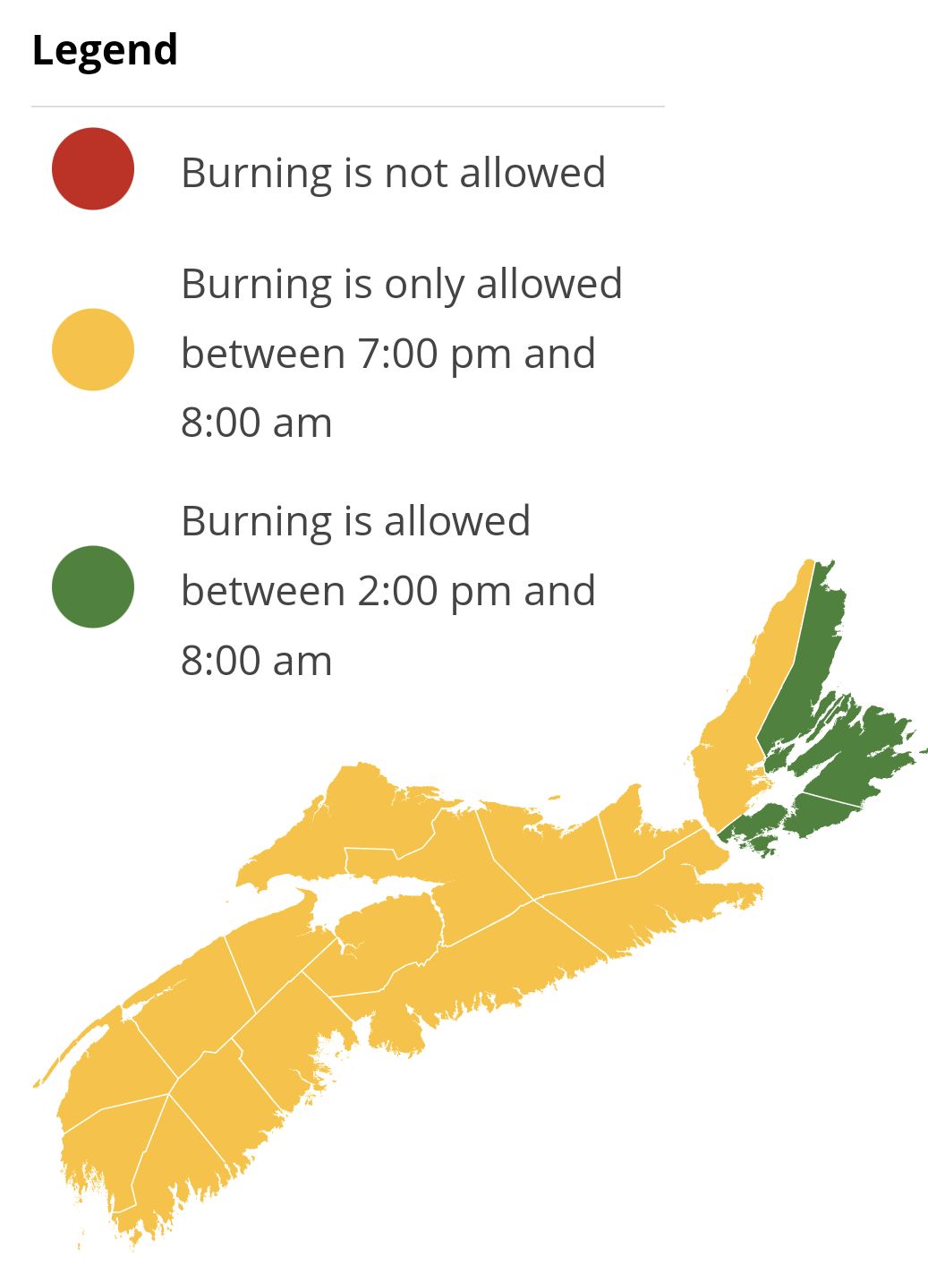 Burning restrictions are updated at 2:00 pm daily. Burning is not allowed between 8:00 am and 2:00 pm.