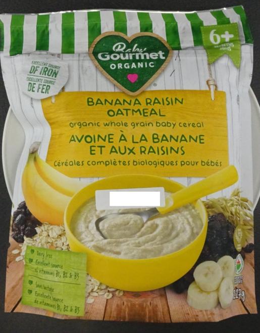 Baby Gourmet Organic brand Banana raisin oatmeal organic whole grain baby cereal recalled due to Cronobacter spp.